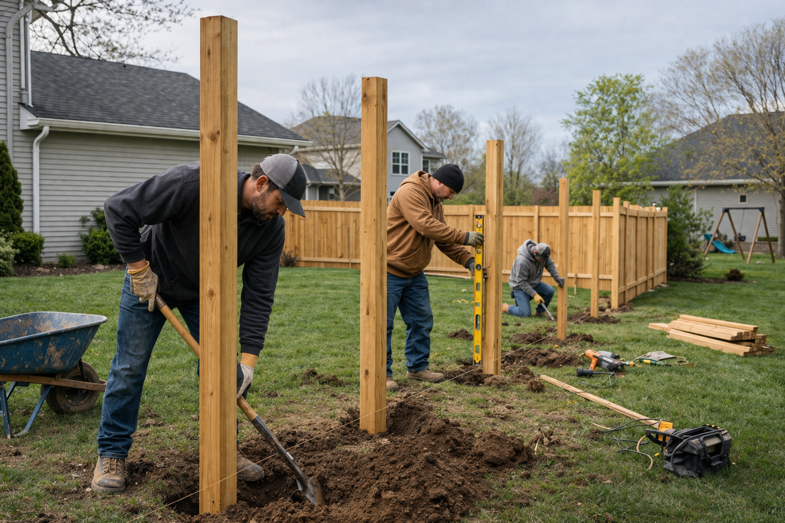 Home contractors leveling fence posts in south bend