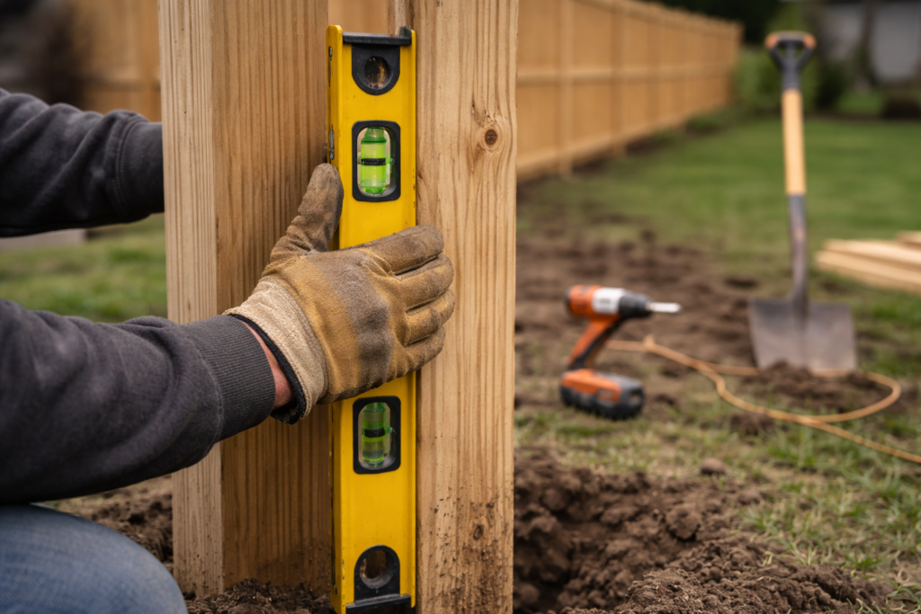 contractors leveling fence posts in granger