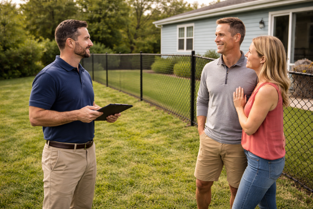 happy homeowner in goshen with new chain link fence install