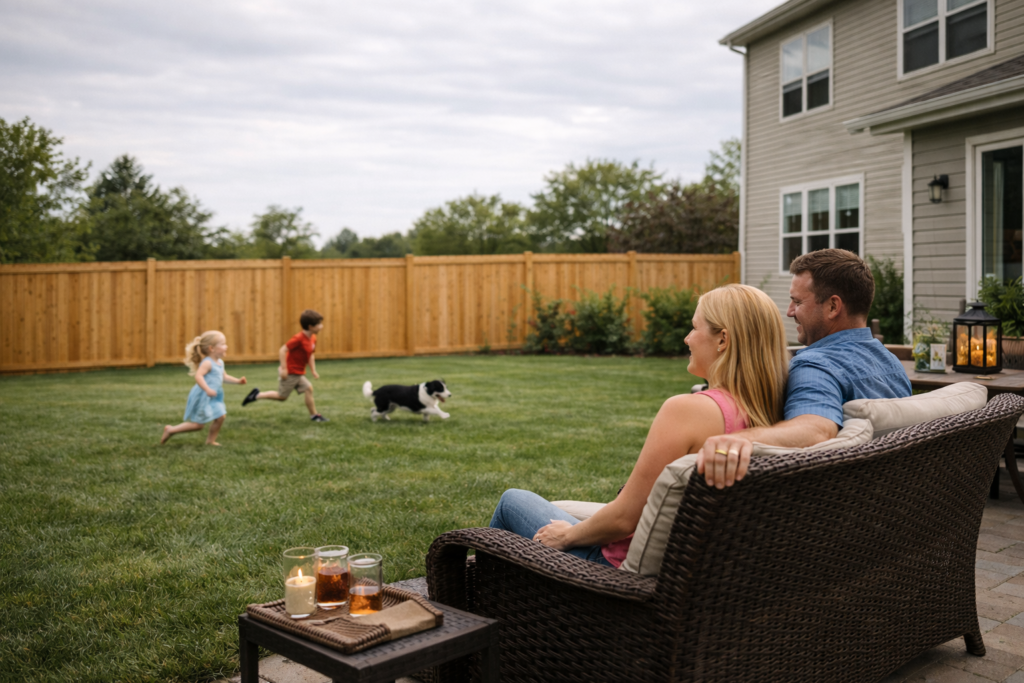 kids playing inside wood fenced backyard mishawaka